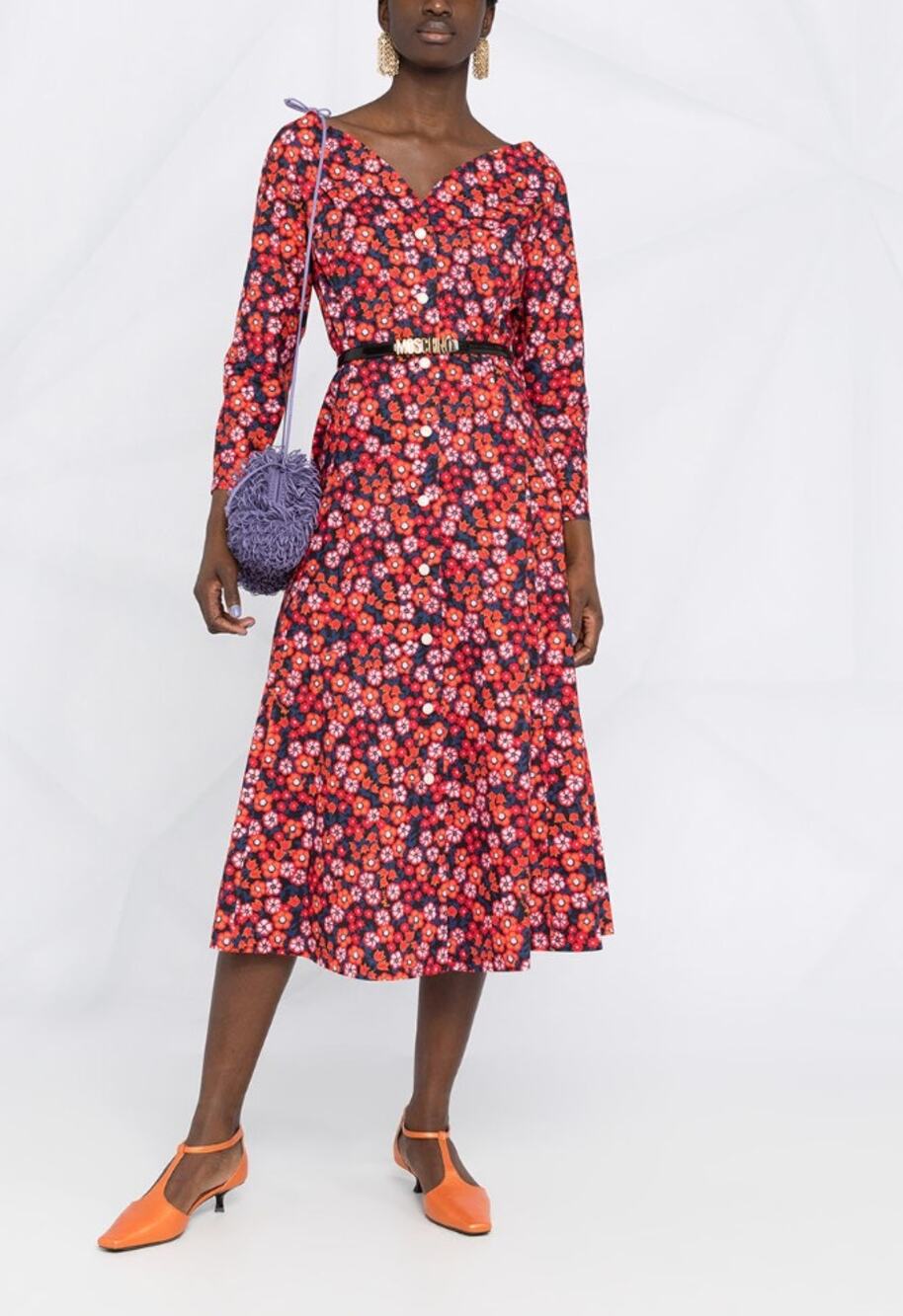 MARNI Floral Print Midi Shirt Dress Orange & Blue 3/4 Sleeves V-Neck Italy 44 M